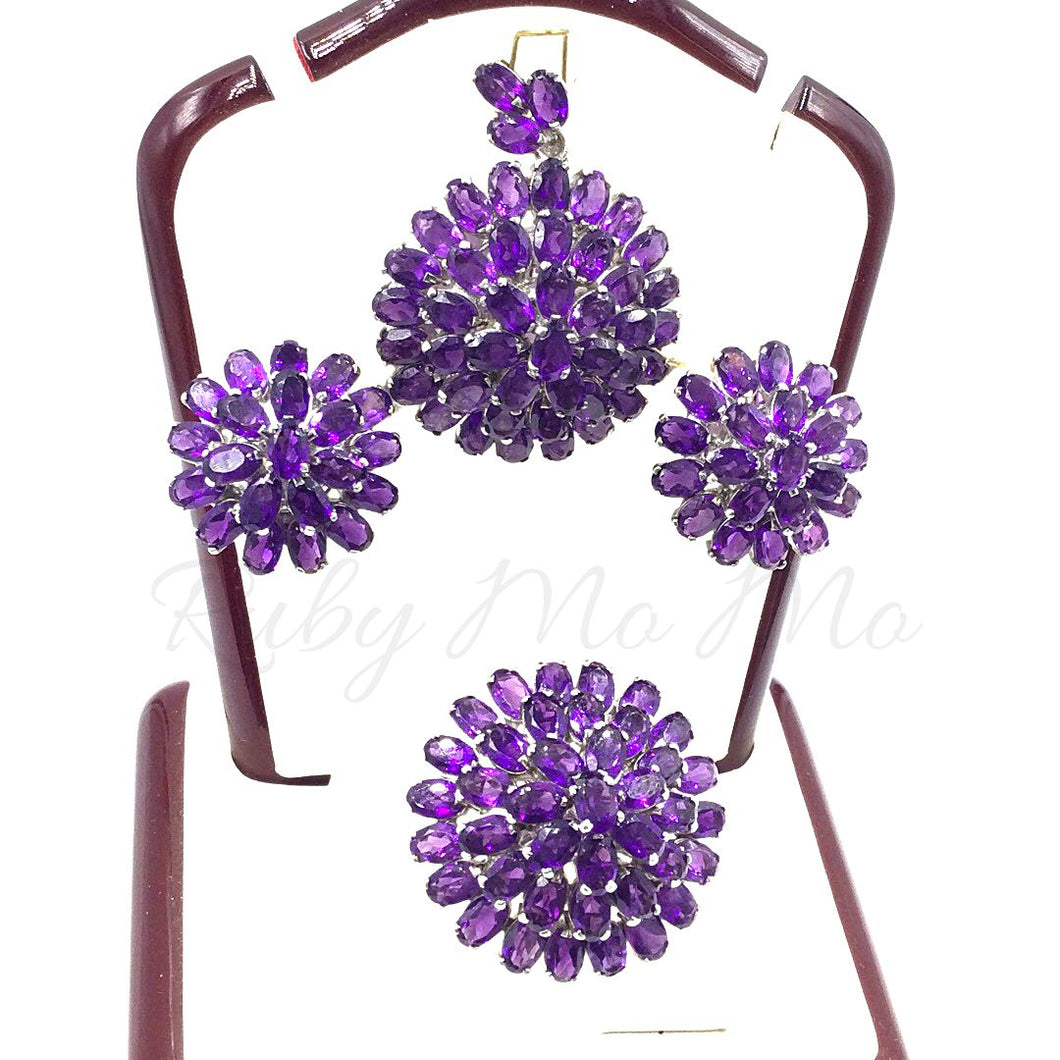 Amethyst Triple layered floral set in sterling silver