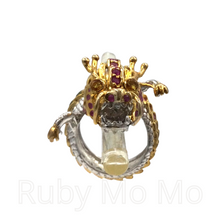 Load image into Gallery viewer, Chinese dragon sterling silver ring filled with rubies and emeralds
