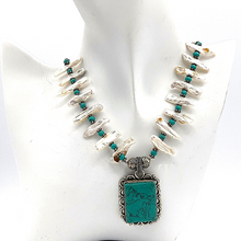 Load image into Gallery viewer, Blue Turquoise and long pearl necklace with turquoise pendant
