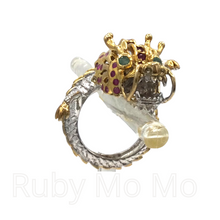 Загрузить изображение в средство просмотра галереи, Chinese dragon sterling silver ring filled with rubies and emeralds
