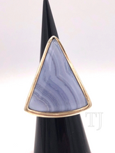 Load image into Gallery viewer, Blue lace agate triangular stone in sterling silver setting ring
