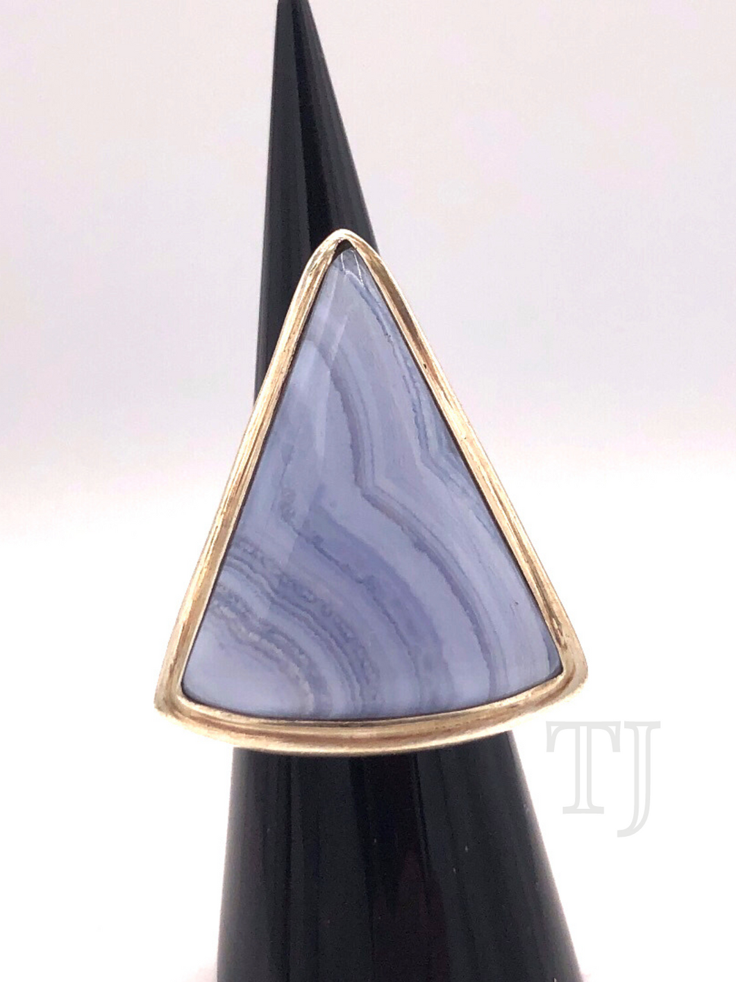 Blue lace agate triangular stone in sterling silver setting ring