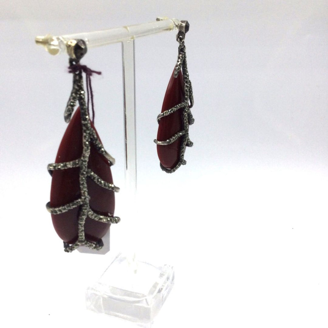 Dark Carnelian tear drop stone in sterling silver setting earrings