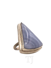 Load image into Gallery viewer, Blue lace agate triangular stone in sterling silver setting ring
