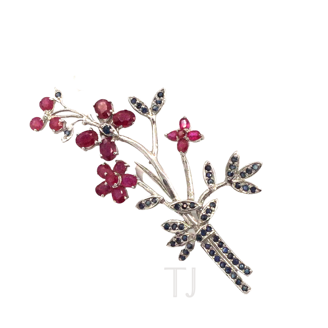 Floral Plant sterling silver Brooch in Ruby and Sapphire