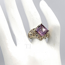 Load image into Gallery viewer, A doll&#39;s hand wearing Amethyst table cut ring in sterling silver
