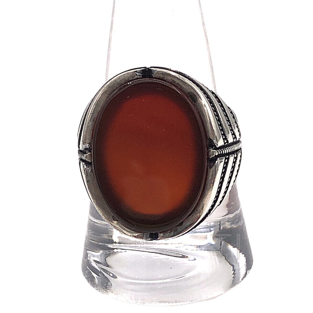 Oval Shaped Carnelian Ring in leaf veins sterling silver setting