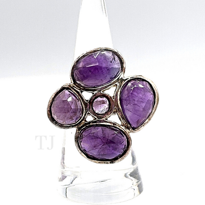 Amethyst faceted flower shape ring in sterling silver