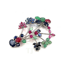 Load image into Gallery viewer, Multi-gems flower shaped brooch in sterling silver
