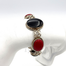 Load image into Gallery viewer, Agate and Red Coral Cabochon Bracelet in Sterling Silver
