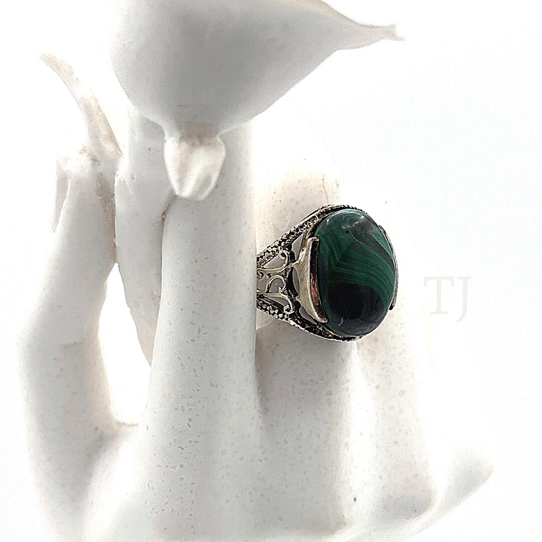 Malachite ring in antique silver setting