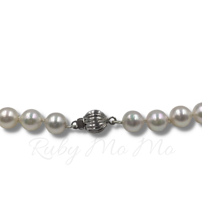 Closer view of 14k white gold clasp of Akoya Pearl Necklace