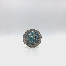 Load and play video in Gallery viewer, 360 video of Aquamarine oval cut stones in flower shaped setting ring with diamonique
