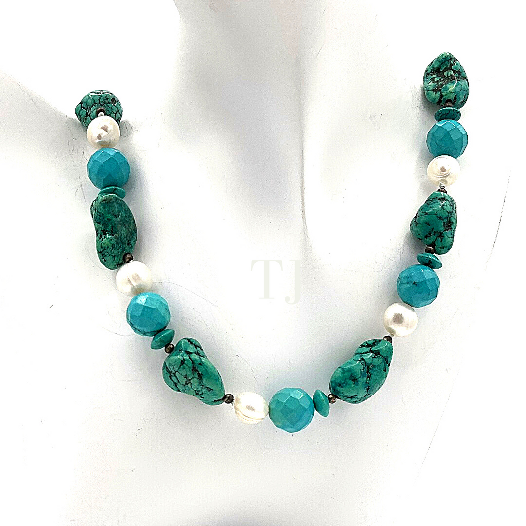 Turquoise and pearl necklace in sterling silver