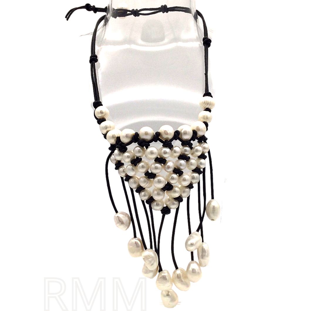 Fresh Water Pearl Necklace with black leather