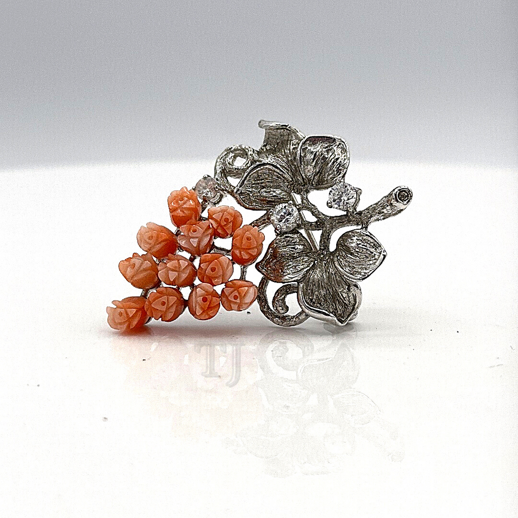 Salmon rose bundle brooch in sterling silver