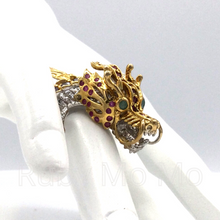 Load image into Gallery viewer, Chinese dragon sterling silver ring filled with rubies and emeralds
