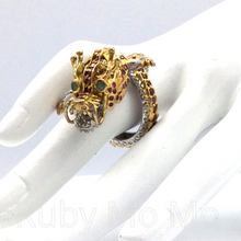 Load image into Gallery viewer, Chinese dragon sterling silver ring filled with rubies and emeralds
