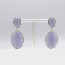 Load and play video in Gallery viewer, 360 view of Blue Lace Agate Oval Cabochon hanging earrings in sterling silver
