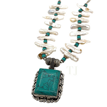 Cargar imagen en el visor de la galería, Blue Turquoise and long pearl necklace with turquoise pendant
