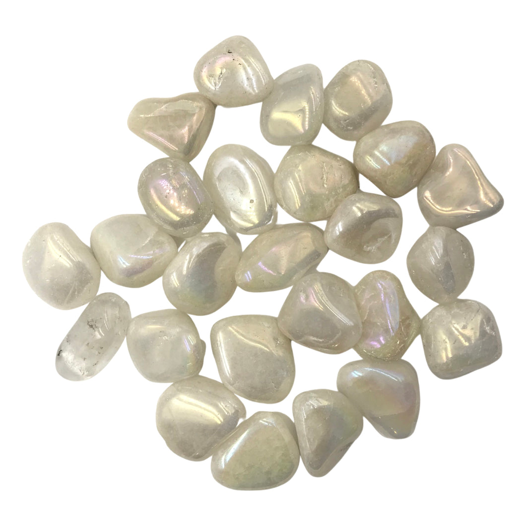 A bunch of Aura coated Quartz Crystal tumbled stones