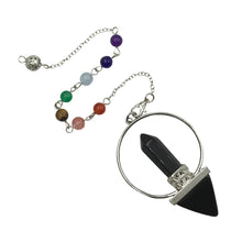 Cargar imagen en el visor de la galería, Black Onyx Hexagon Pendulum with 7 different stones representing 7 chakras
