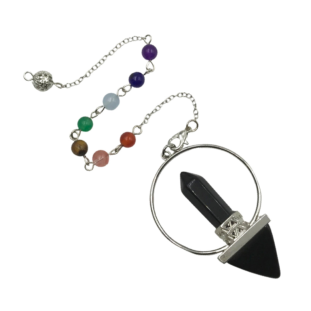 Black Onyx Hexagon Pendulum with 7 different stones representing 7 chakras