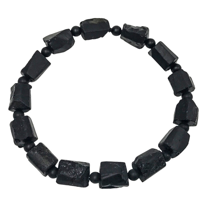 Black Tourmaline Rough Tube Bracelet with small beads in between