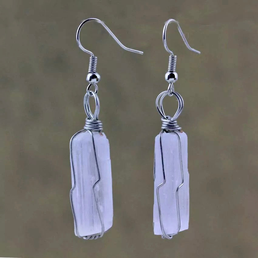 Selenite Stick Earring Silver Wire Wrapped