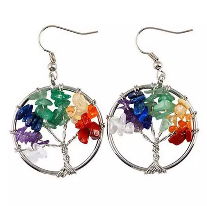 7 Chakras stones in tree of life circle earrings with hook
