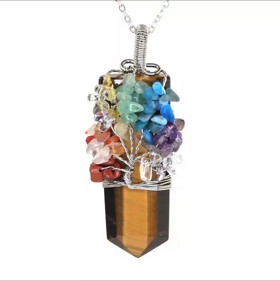 Tiger's Eye Point Chakra Tree Pendant & Chain