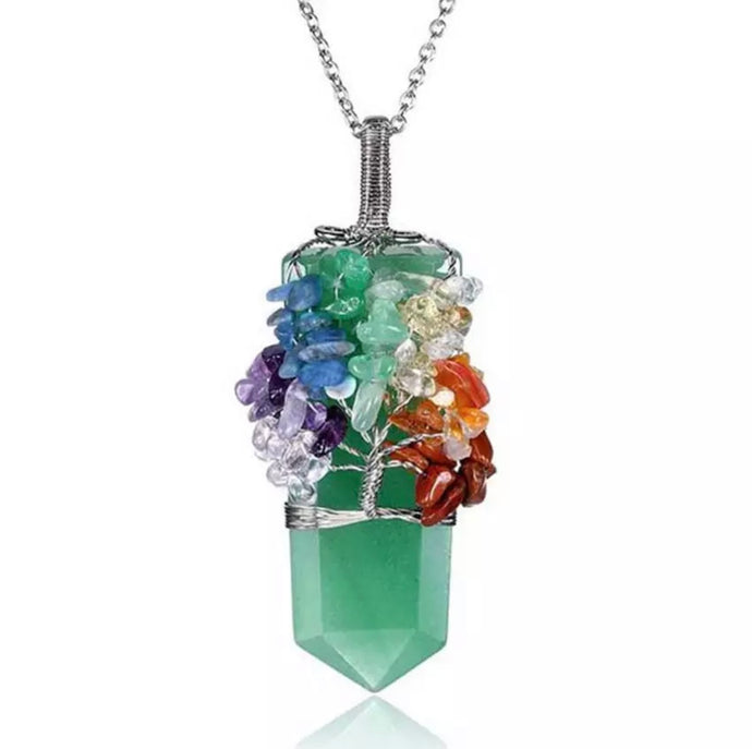 Aventurine point chakra tree pendant and stainless steel chain