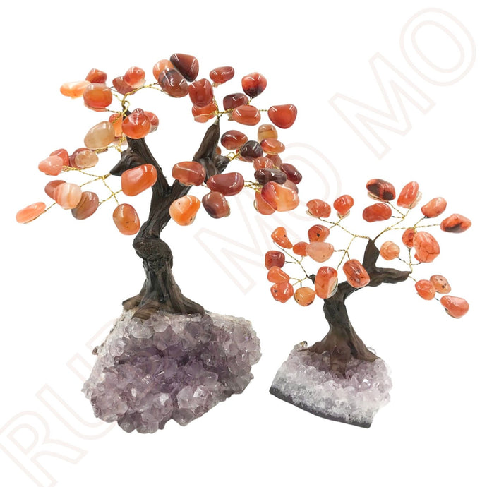 Two Carnelian Gemstone Trees with Amethyst Base