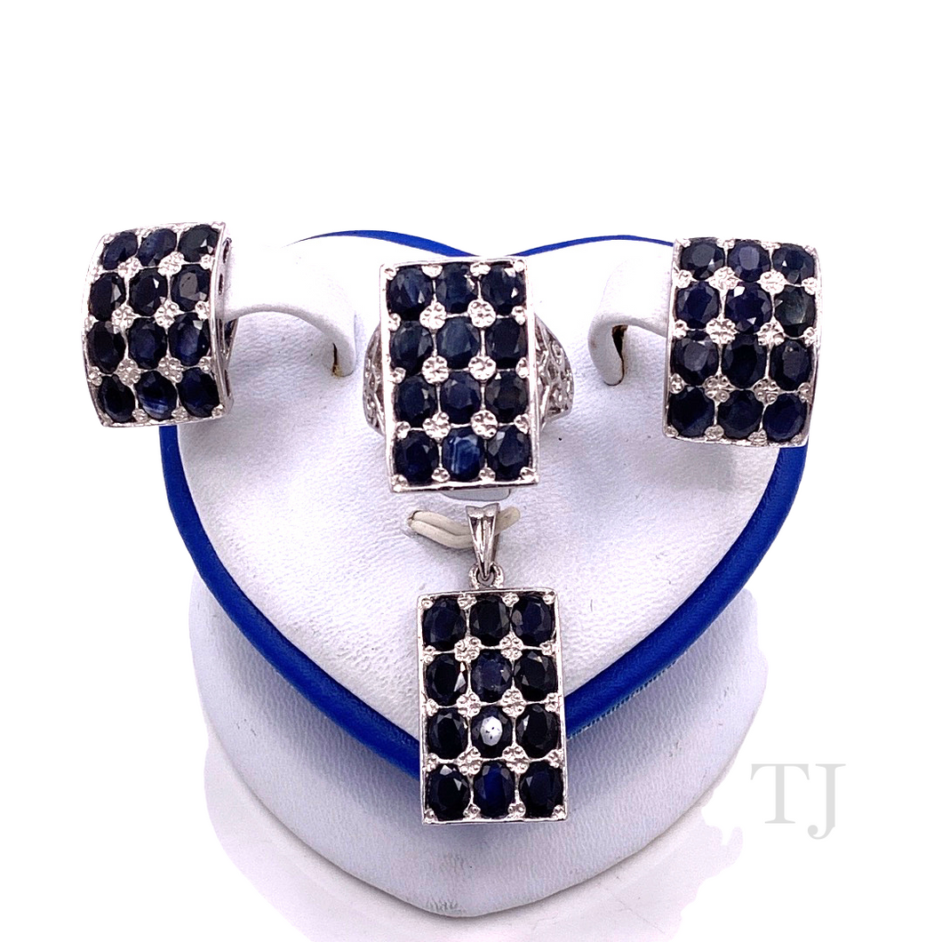 Sapphire Square Earrings, Ring & Pendant Set