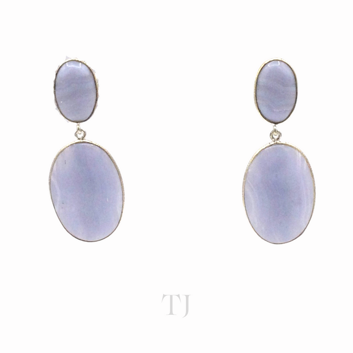 Blue Lace Agate Oval Cabochon hanging earrings in sterling silver