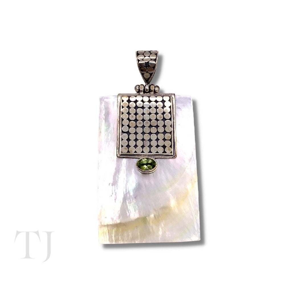 Pearl Rectangular Shape Pendant with Peridot in Sterling Silver