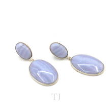 将图片加载到图库查看器，Blue Lace Agate Oval Cabochon hanging earrings in sterling silver
