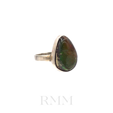 Load image into Gallery viewer, Side view of Ammolite gemstone tear drop ring in sterling silver
