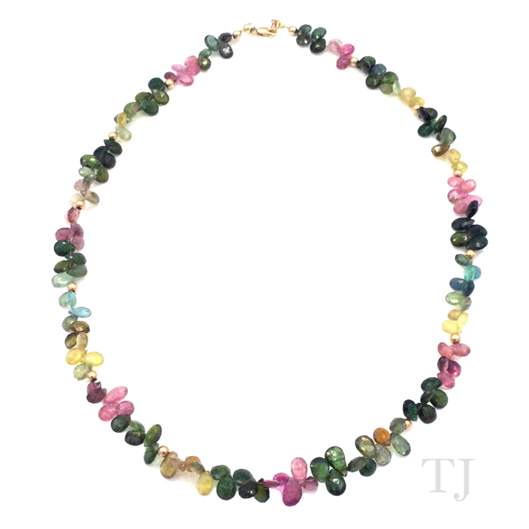 Multi-colored Tourmaline Flower Chip Necklace in 14k Gold