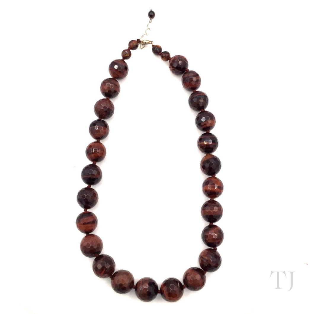 Red Tiger's Eye Bead Necklace in Sterling Silver