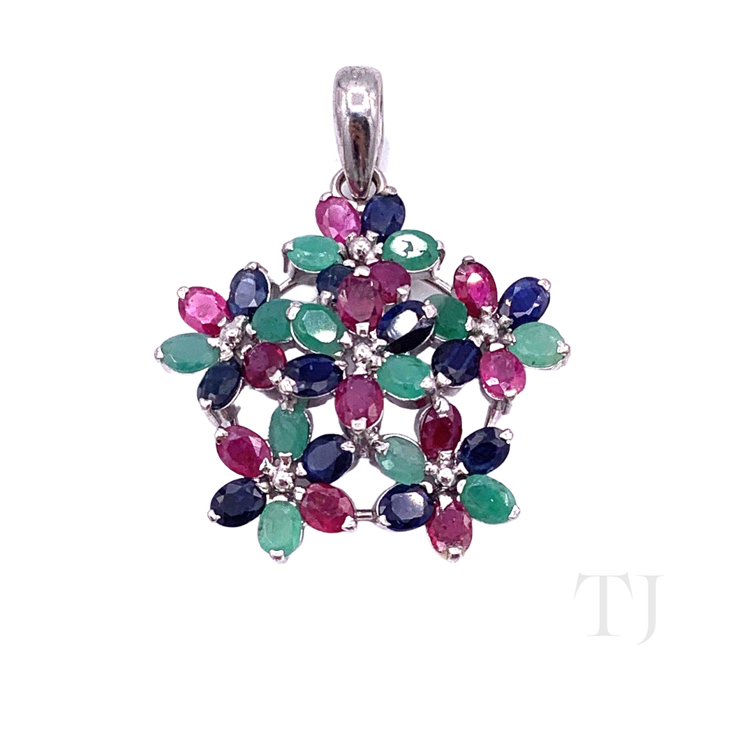 Multi Gemstones Flower Pendant in Sterling Silver