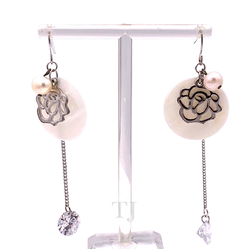 Freshwater Pearl with Swarovski Hanging Earrings in Sterling Silver