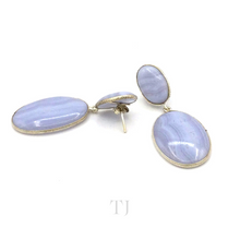 Load image into Gallery viewer, Blue Lace Agate Oval Cabochon hanging earrings in sterling silver
