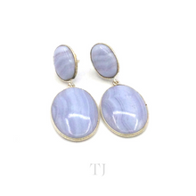 将图片加载到图库查看器，Blue Lace Agate Oval Cabochon hanging earrings in sterling silver
