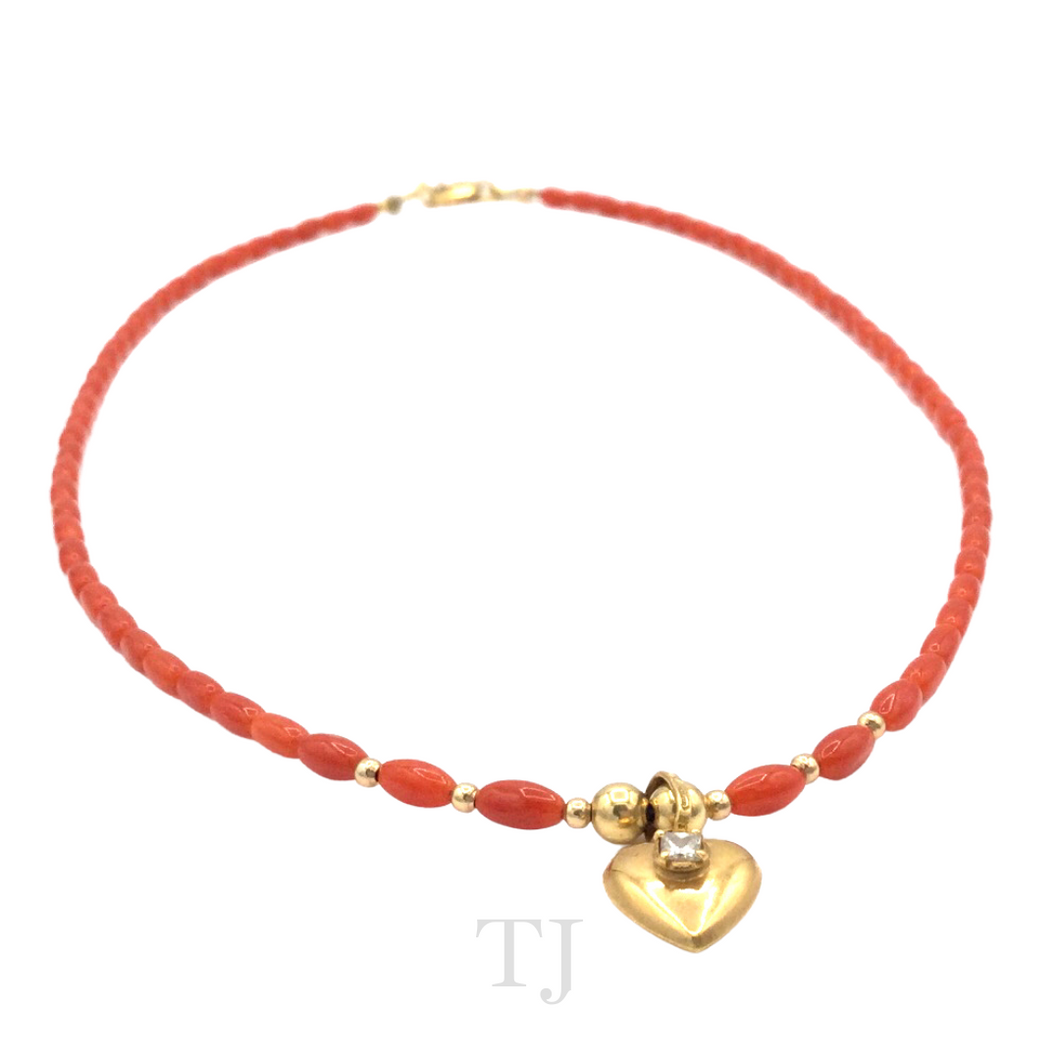 Italian Salmon Coral Necklace with 14k Gold Heart Pendant