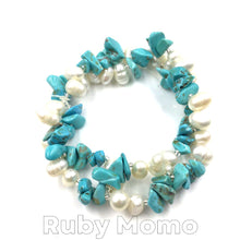 Загрузить изображение в средство просмотра галереи, Freshwater Pearl with Blue Turquoise Bracelet Stretchy
