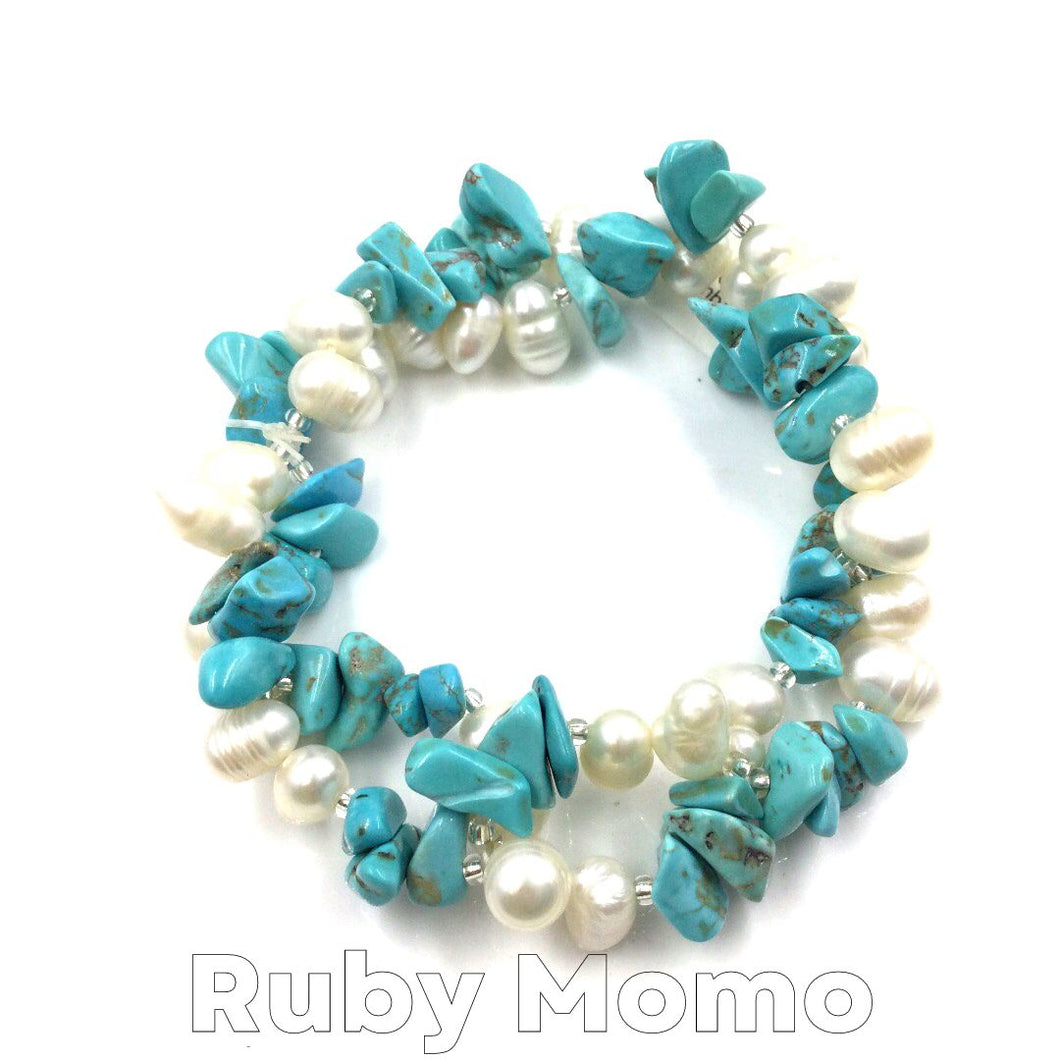 Freshwater Pearl with Blue Turquoise Bracelet Stretchy