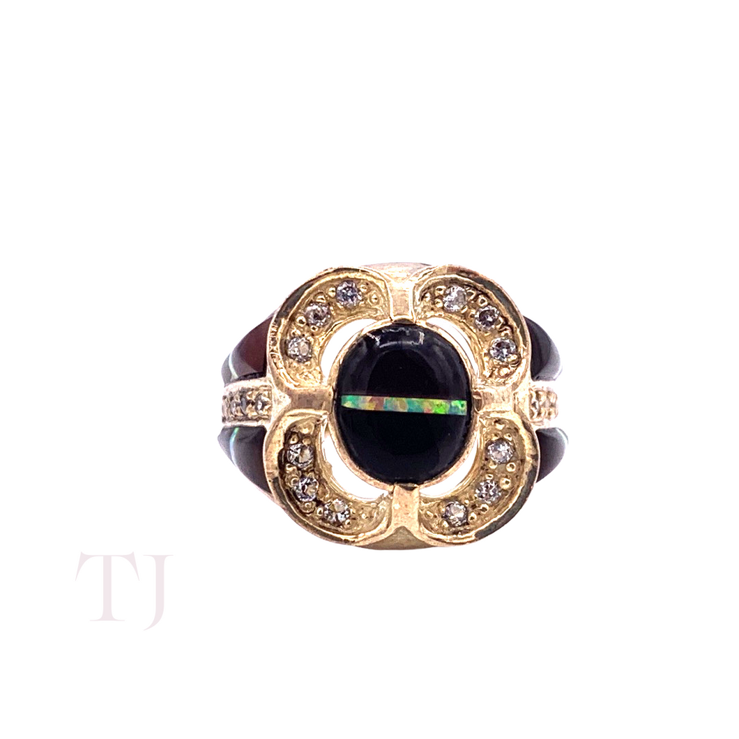 Black Onyx with Opal Ring in Sterling Silver