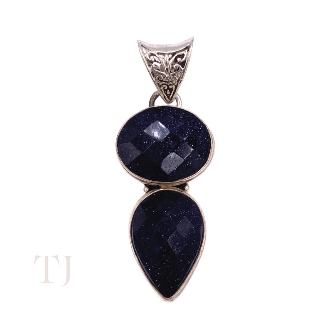 Blue Gold Sandstone faceted stones in sterling silver setting pendant with a bail