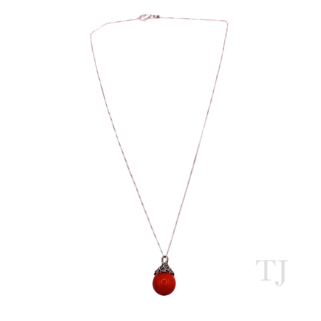 Red Coral Pendant with Sterling Silver Box Style Chain